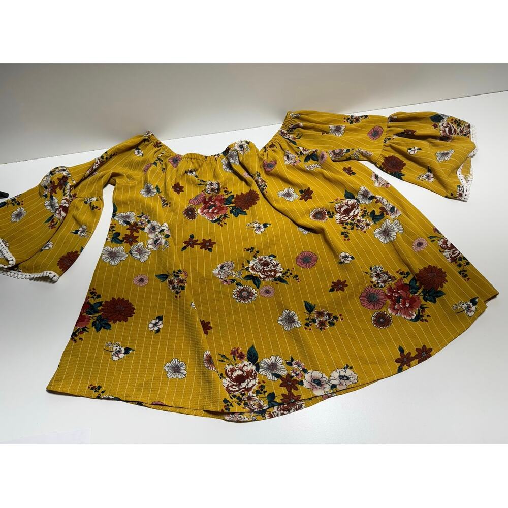 Women’s Boho Peasant Blouse Plus Size 2XL 3/4 Bell Sleeve Gold Floral